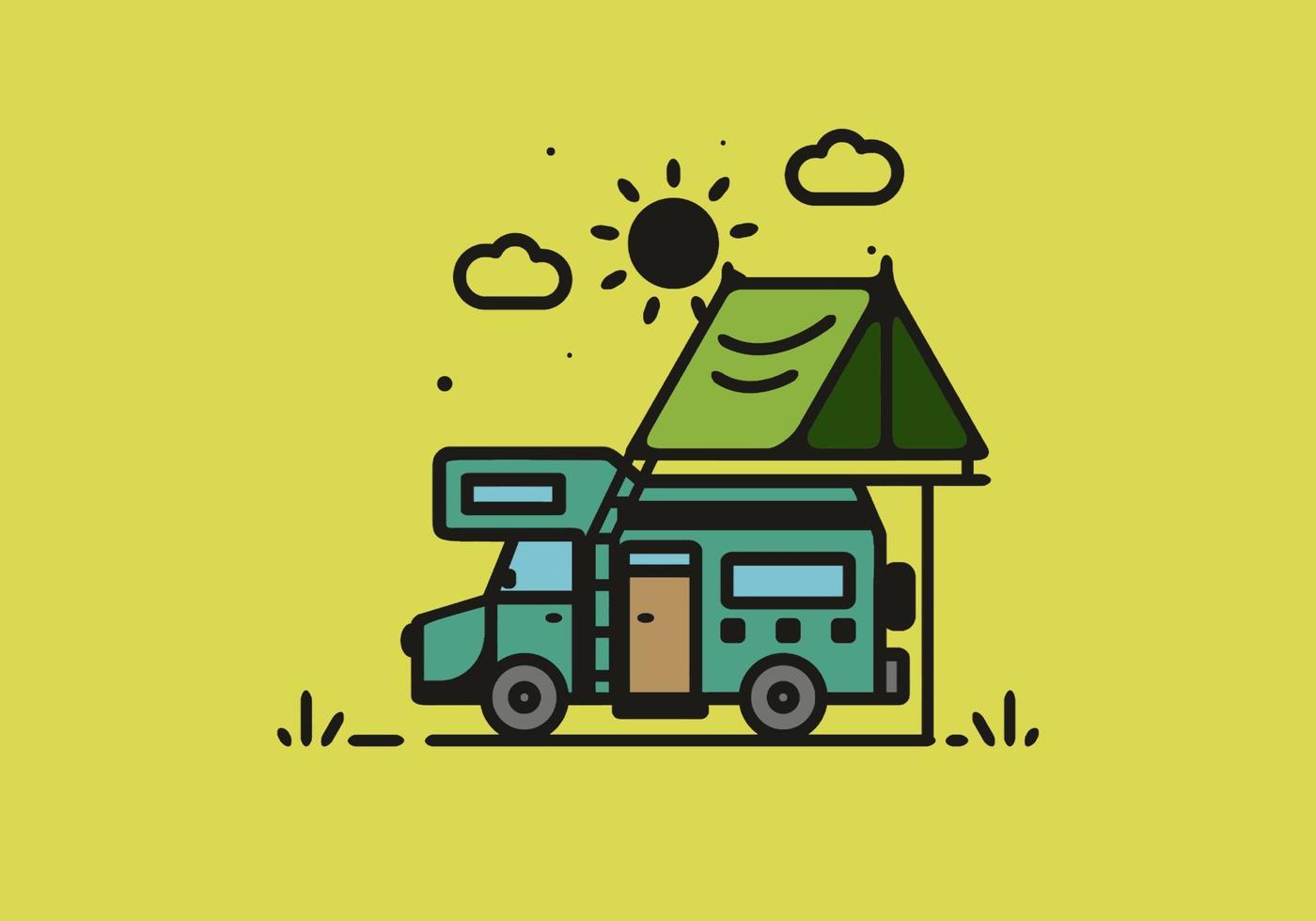 Camping with camper van line art illustration vector