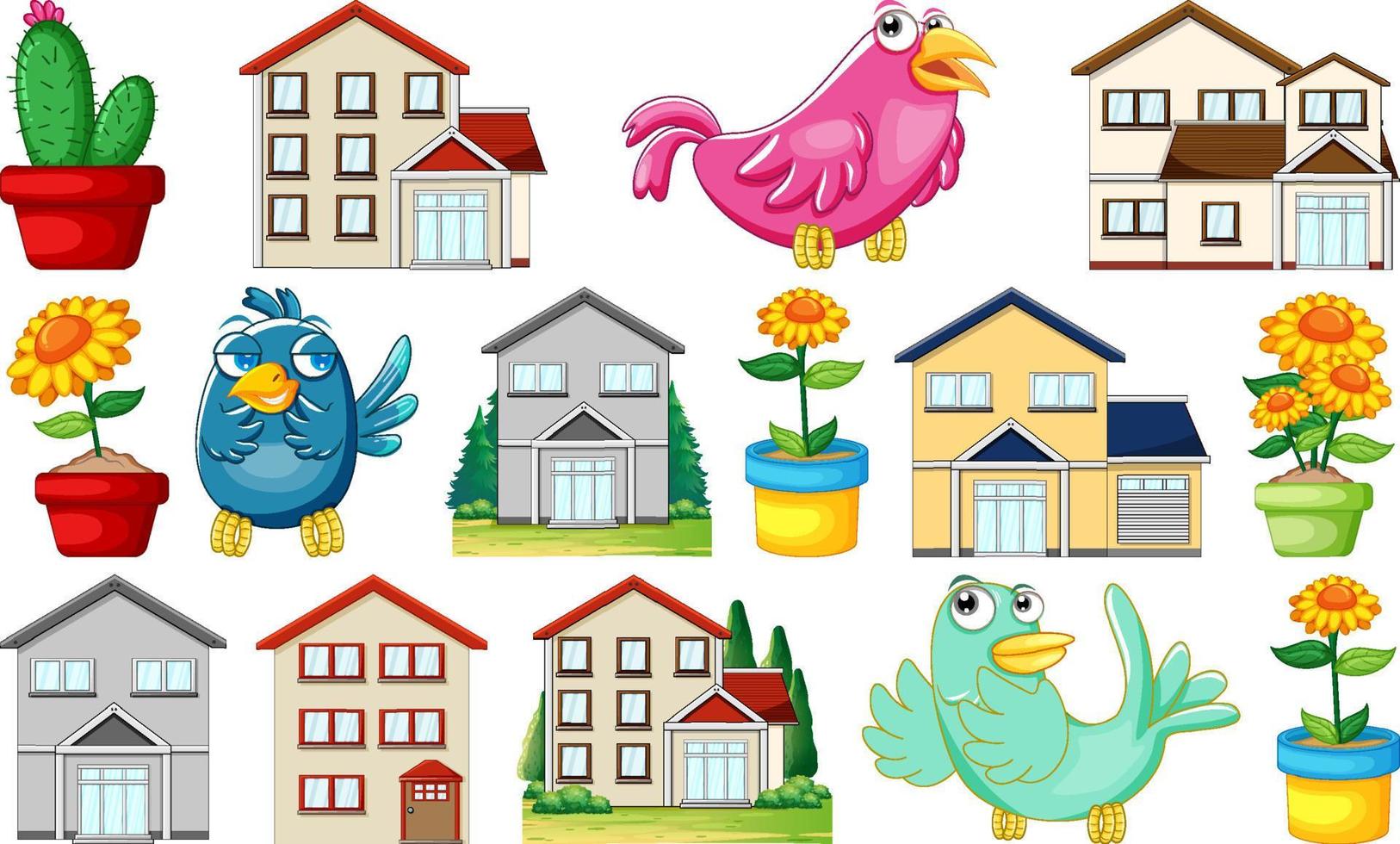 Different house designs and cute birds vector