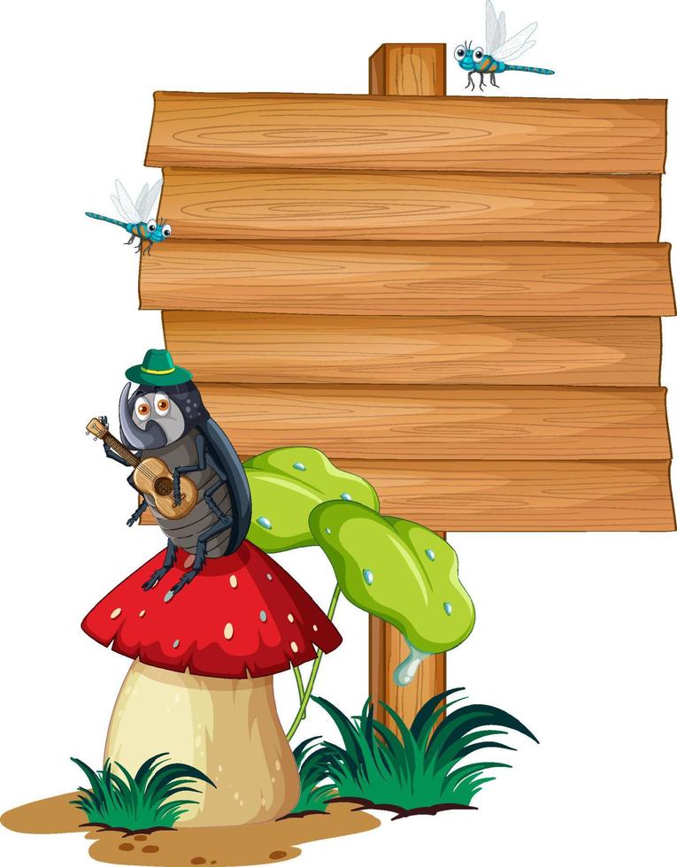 Blank wooden signboard with beetle cartoon vector