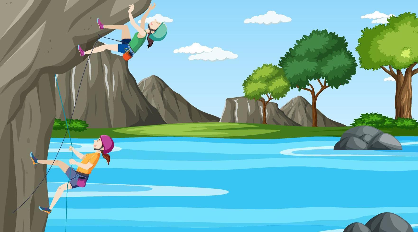 Outdoor scene with rock climber on cliff vector