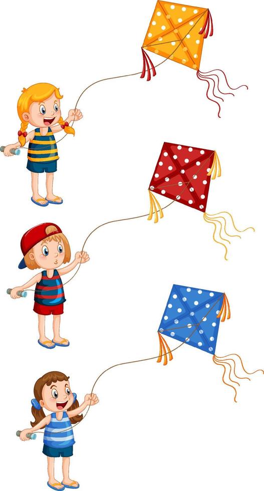 Set of different kids playing kites vector