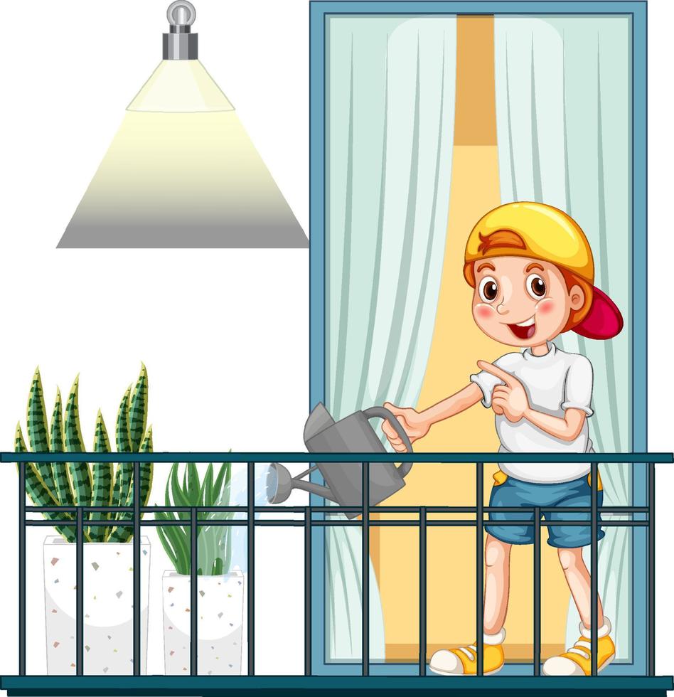 A boy watering plant standing on the balcony vector