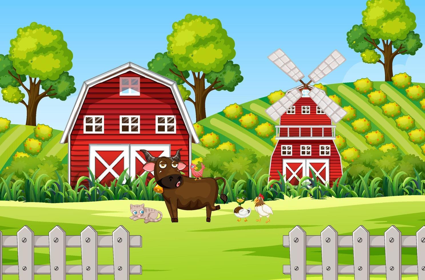 Animals in farm landscape vector