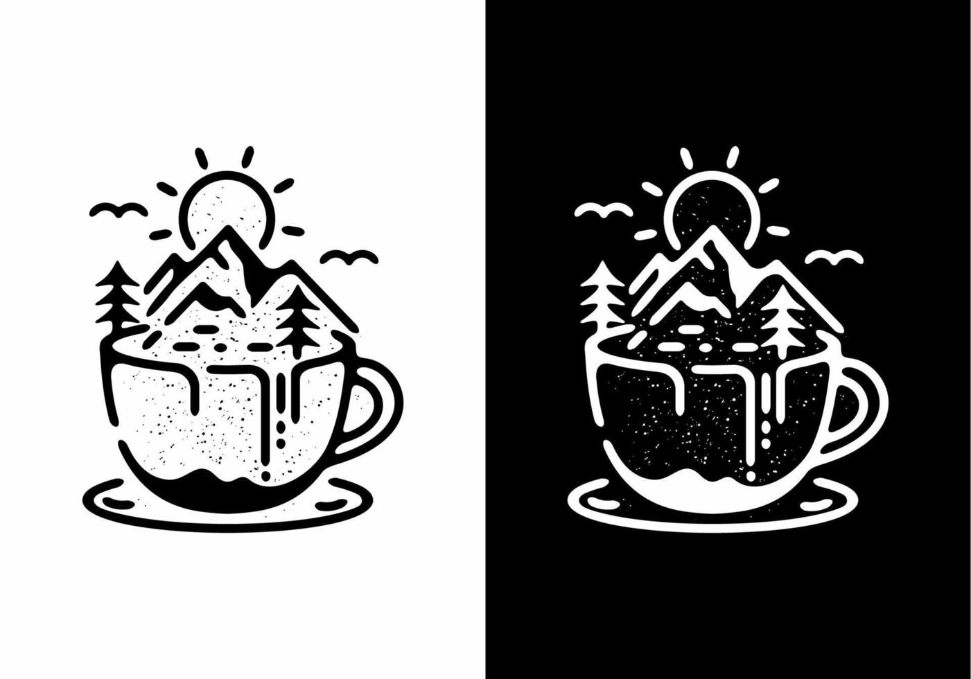 ilustración de arte de línea de café con vista a la montaña vector