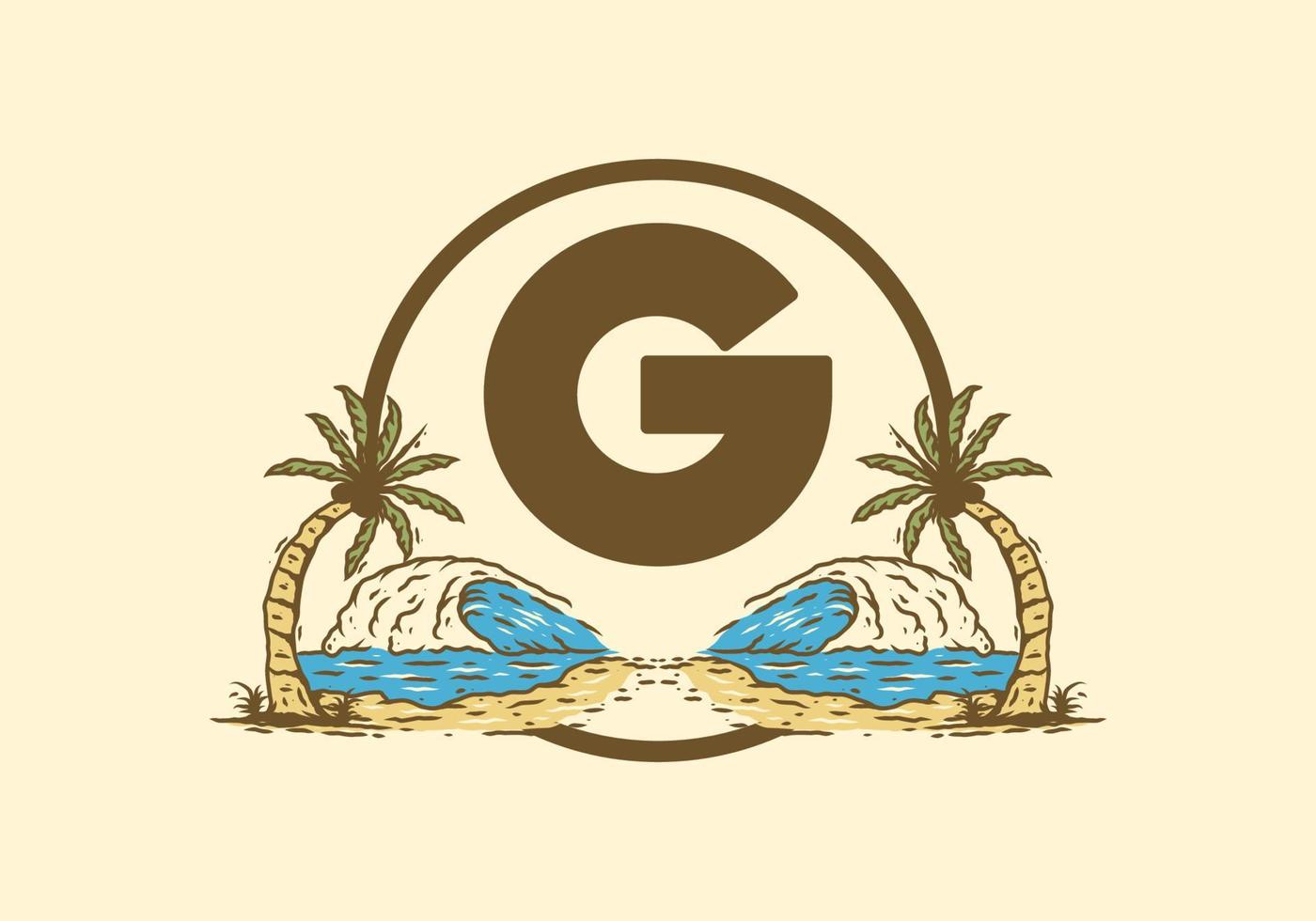 Sea wave and coconut tree line art drawing with G initial letter vector