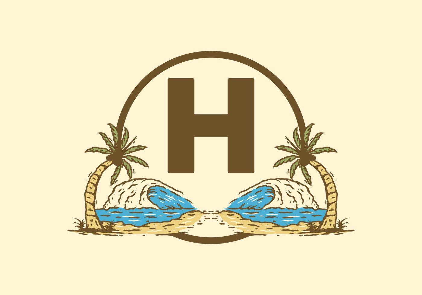 Sea wave and coconut tree line art drawing with H initial letter vector