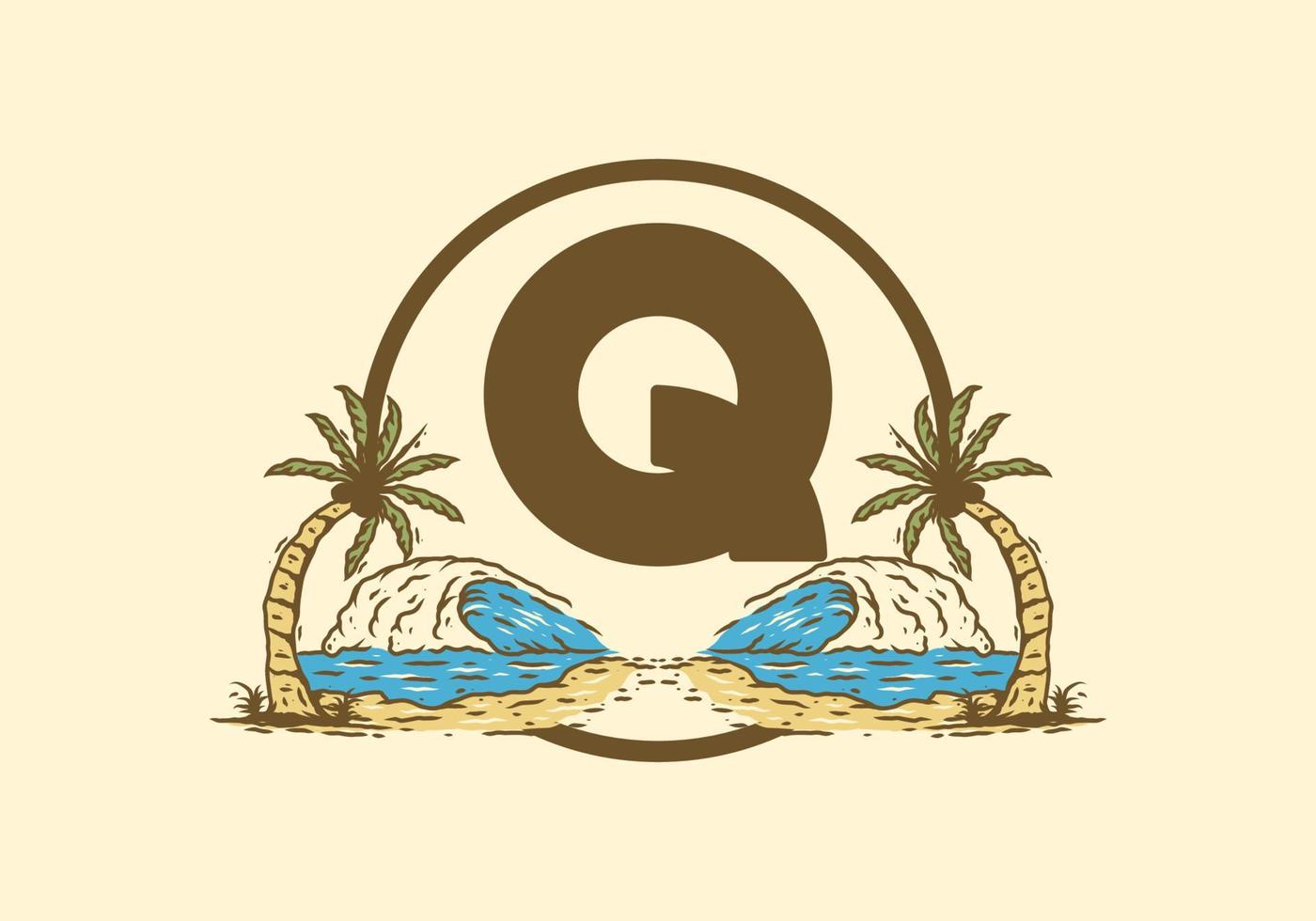 Sea wave and coconut tree line art drawing with Q initial letter vector