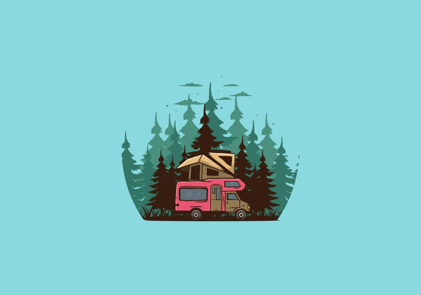 Car roof camping in the jungle illustration vector