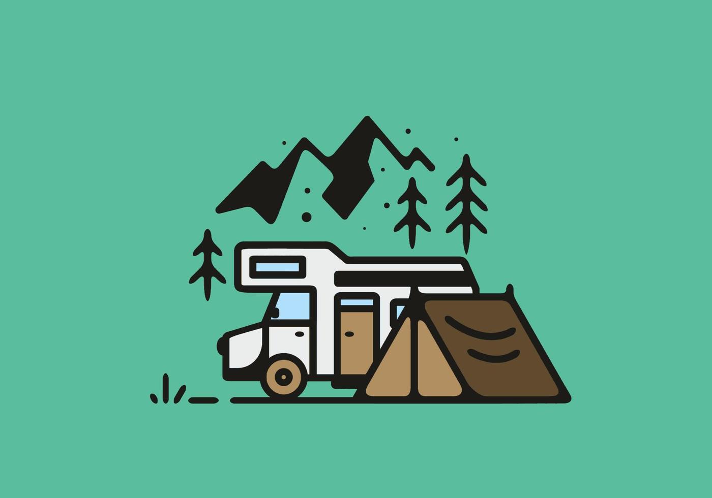 Camping with camper van line art illustration vector