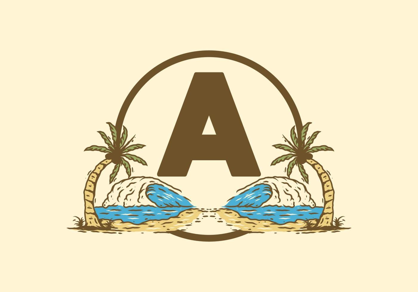 Sea wave and coconut tree line art drawing with A initial letter vector