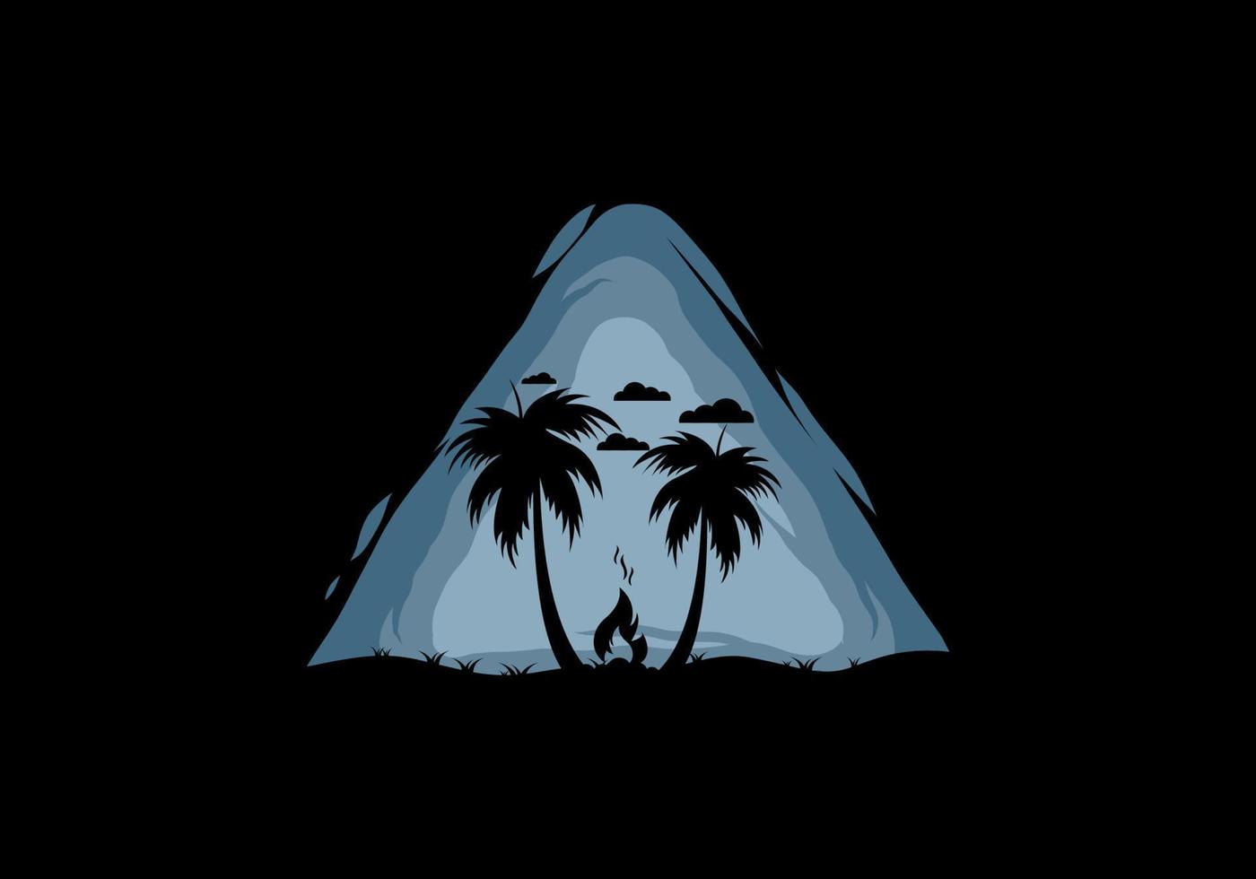 Silhouette of bonfire and coconut trees on the beach vector