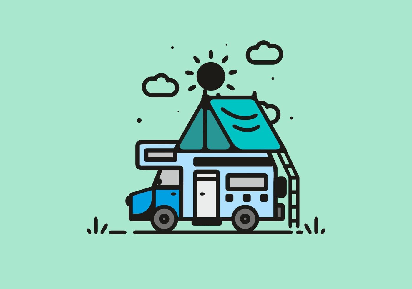 acampar con ilustración de arte de línea de autocaravana vector
