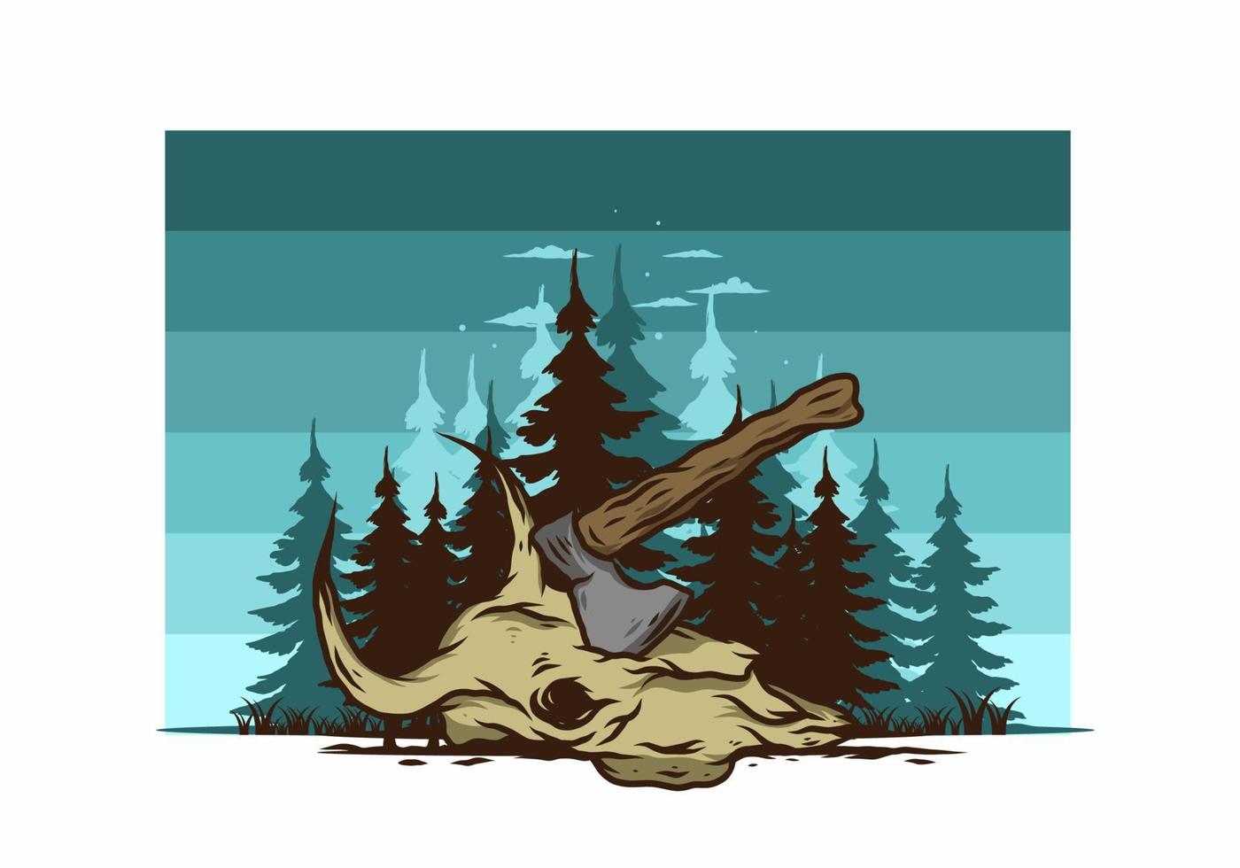 an ax stuck in a buffalo skull illustration vector
