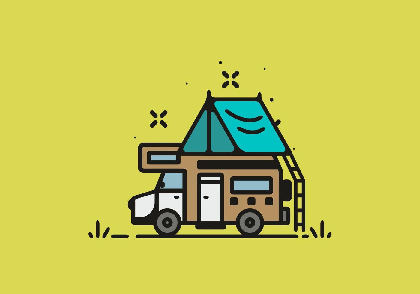 Camping with camper van line art illustration vector