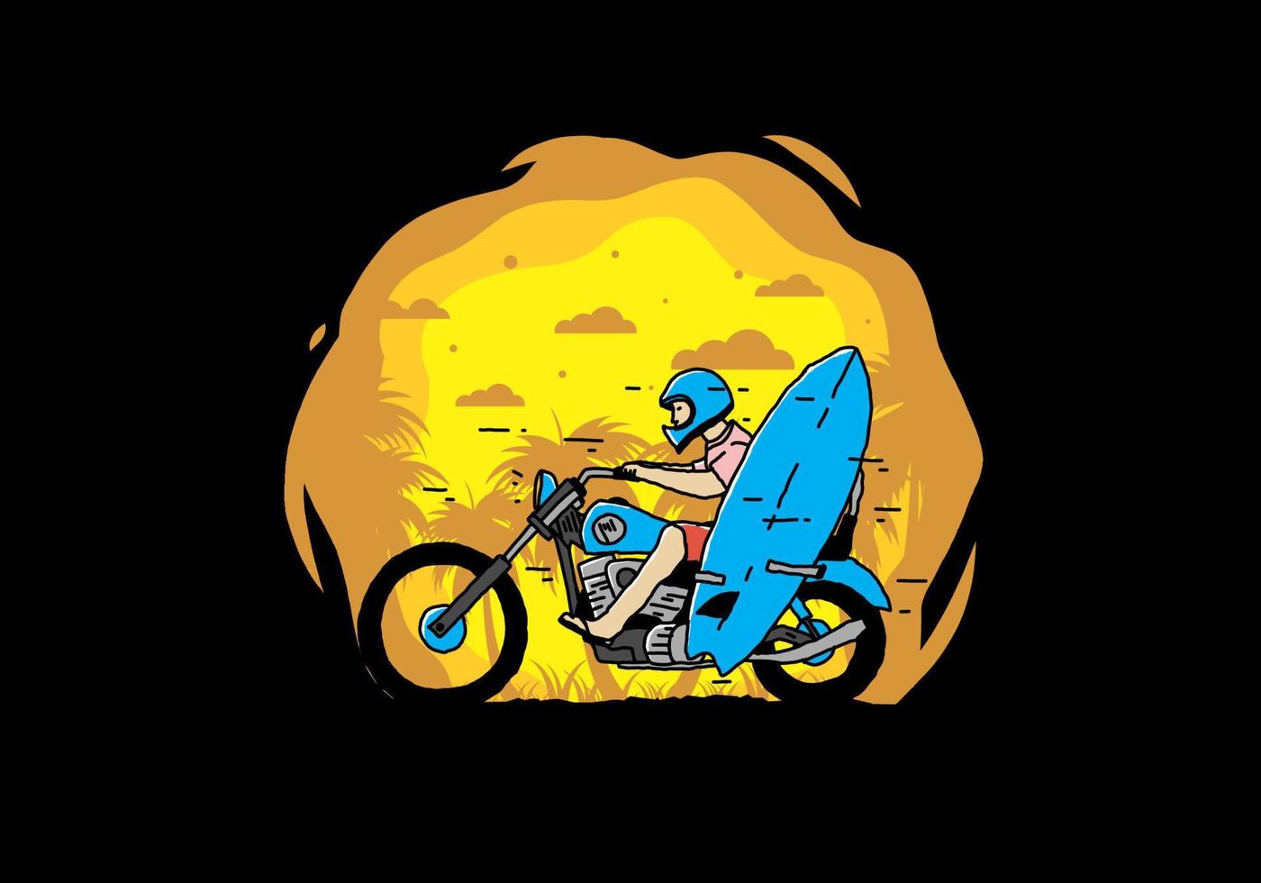 andar en motocicleta con ilustración de tabla de surf vector