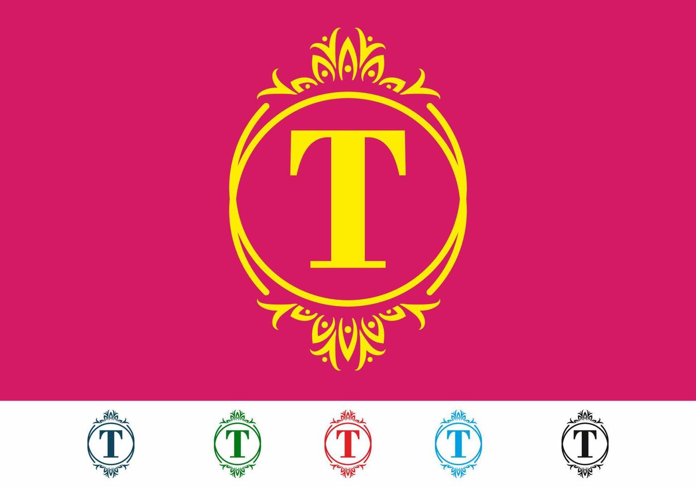 Pink yellow of T initial letter in vintage mirror frame vector