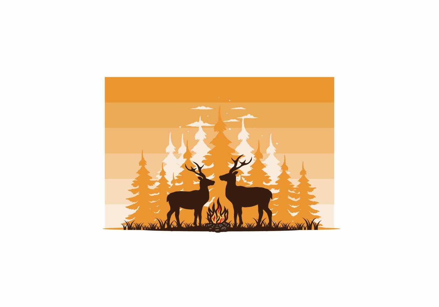 Couple deer and bonfire illustration vector