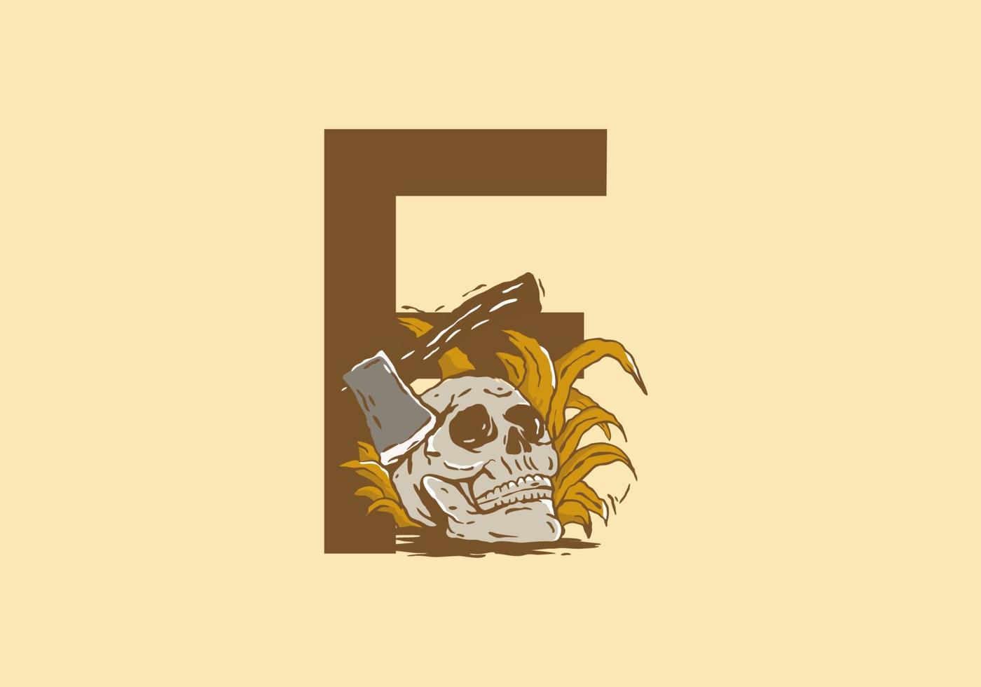 Skeleton head and ax illustration drawing with F initial letter vector