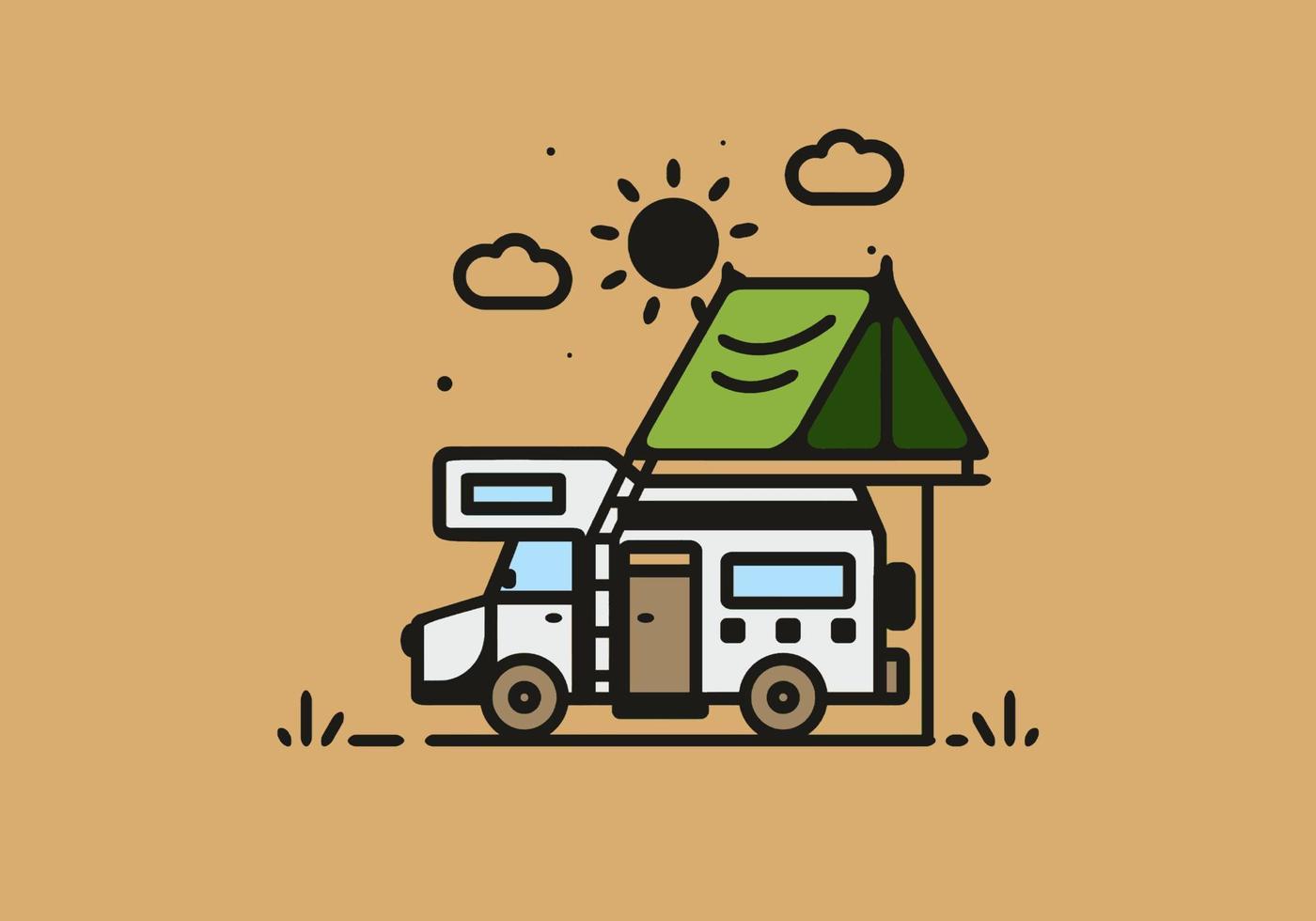 Camping with camper van line art illustration vector