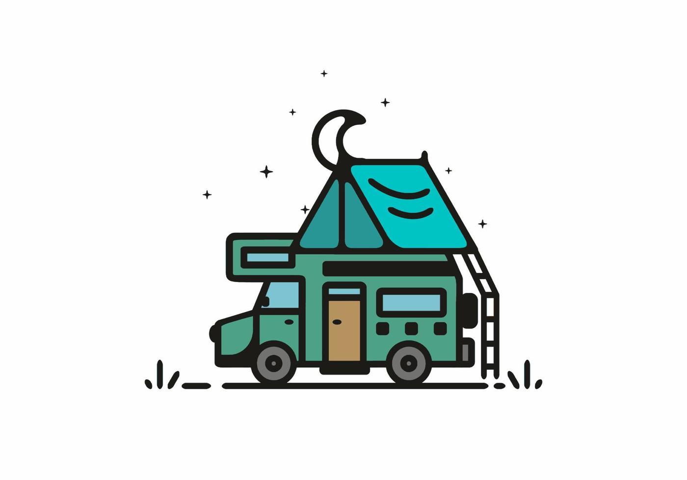 Camping with camper van line art illustration vector
