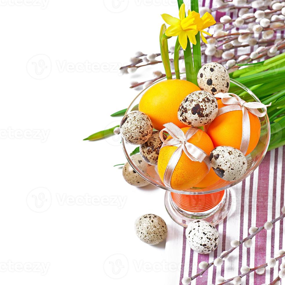 Colorful easter eggs on white background photo