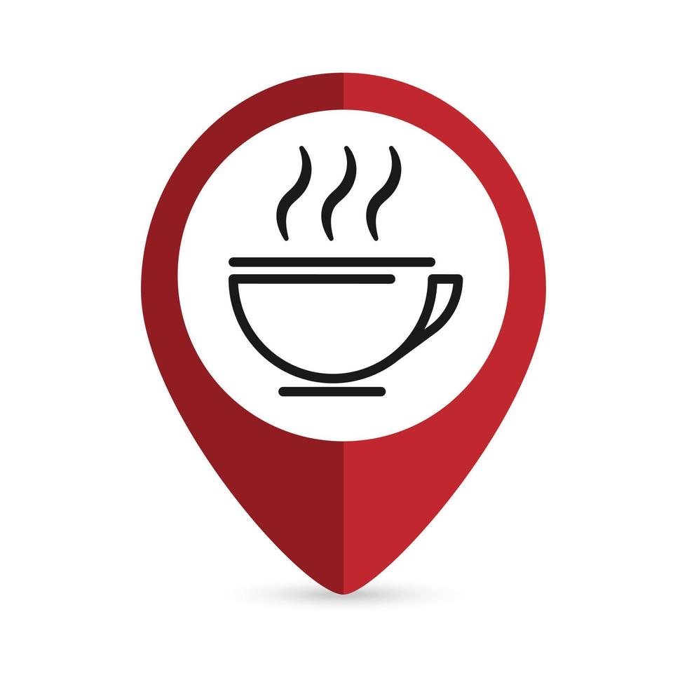 Red pin location with coffee or tea cup icon inside. Vector illustration.