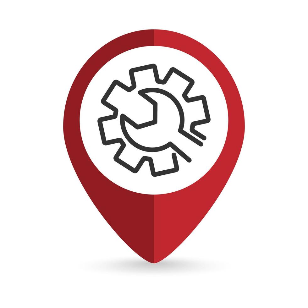 Red pin location with gear icon inside. Vector illustration.