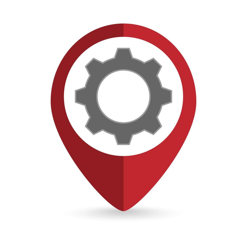 Red pin location with gear icon inside. Vector illustration.