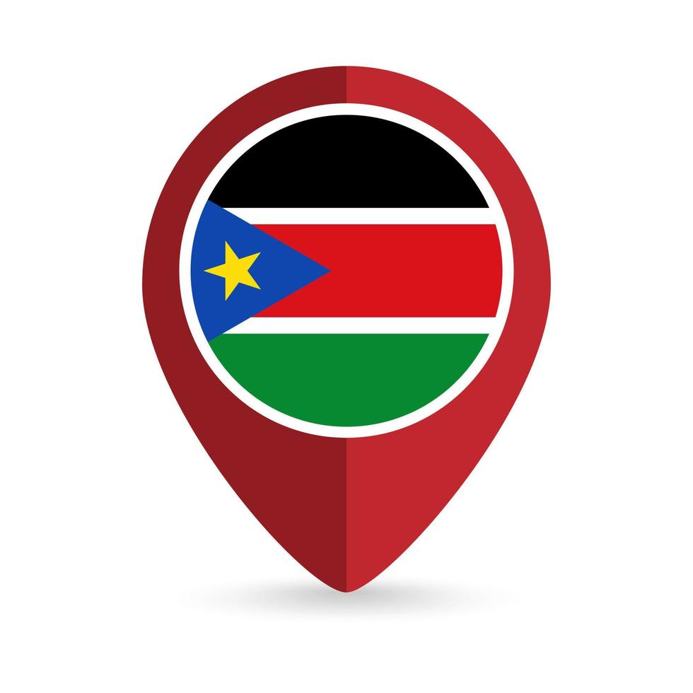 Map pointer with contry South Sudan. South Sudan flag. Vector illustration.