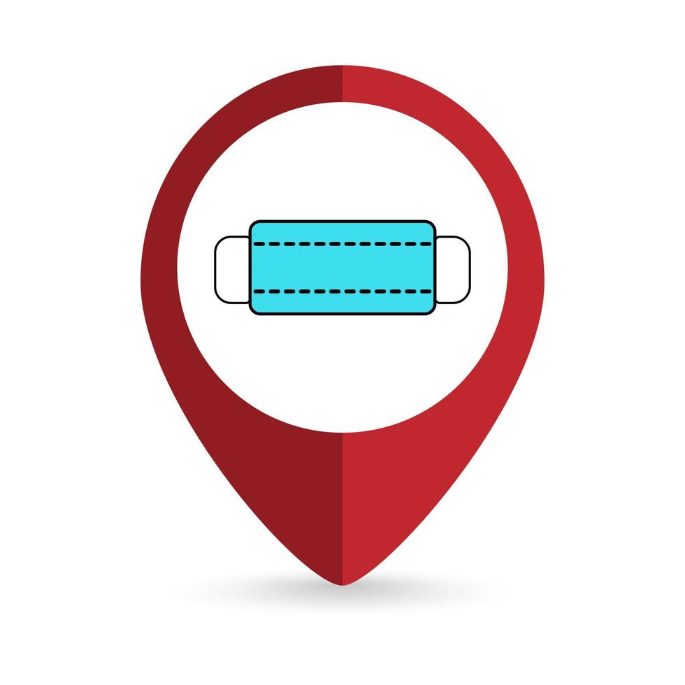 Map pointer with Blue Medical Mask Icon. Vector illustration.