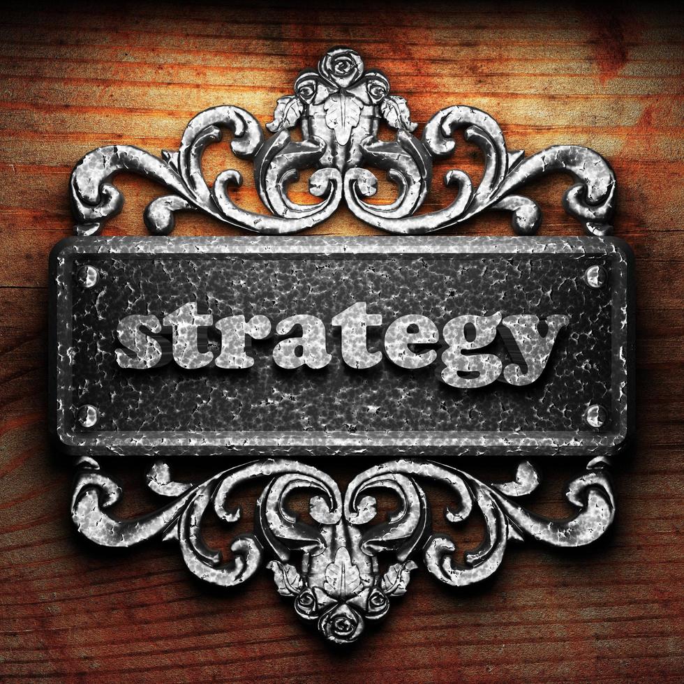 strategy word of iron on wooden background photo