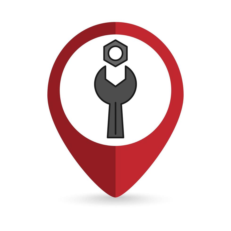 Red pin location with wrench inside. Vector illustration.