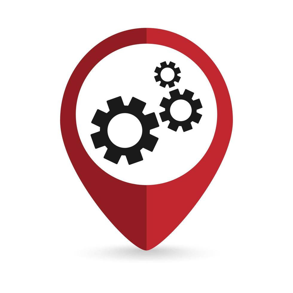 Red pin location with gear icon inside. Vector illustration.