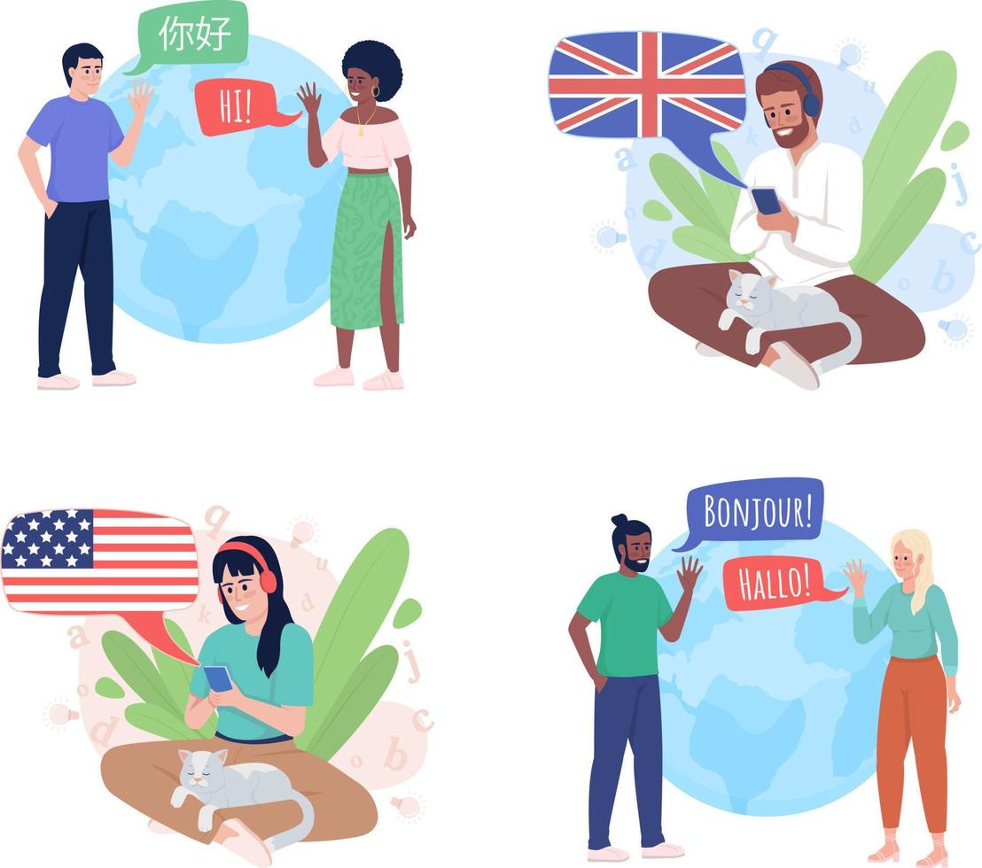 Tandem language learning 2D vector isolated illustration set