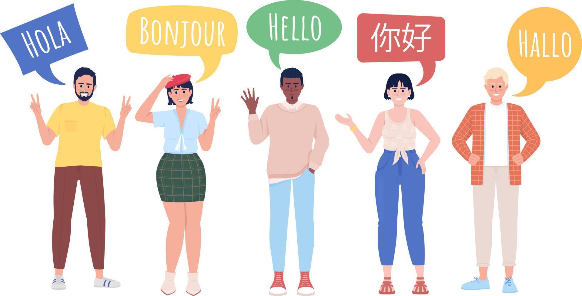 Multilingualism semi flat color vector characters