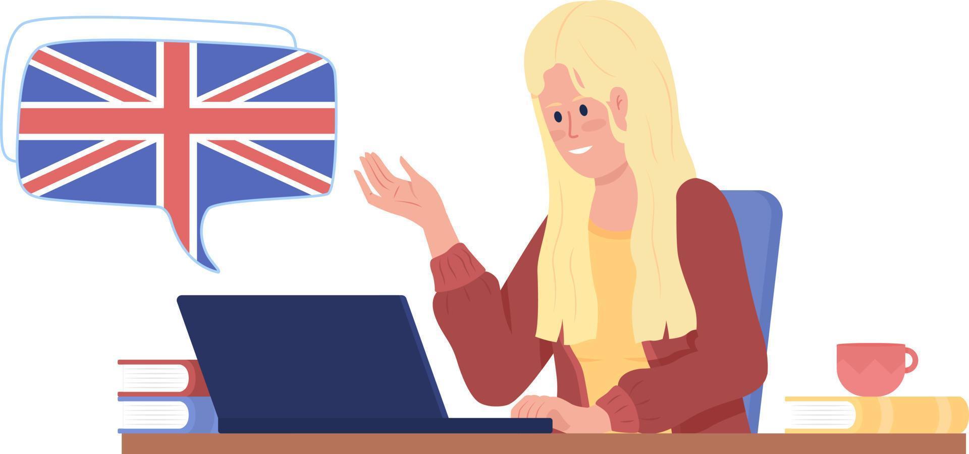 Girl participating in video class of British English semi flat color vector character