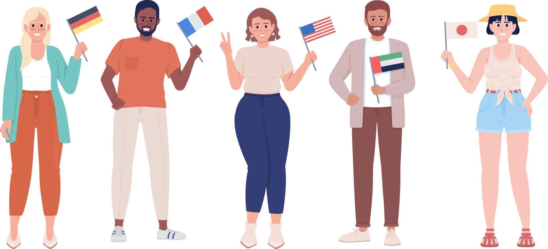 People with country flags semi flat color vector characters