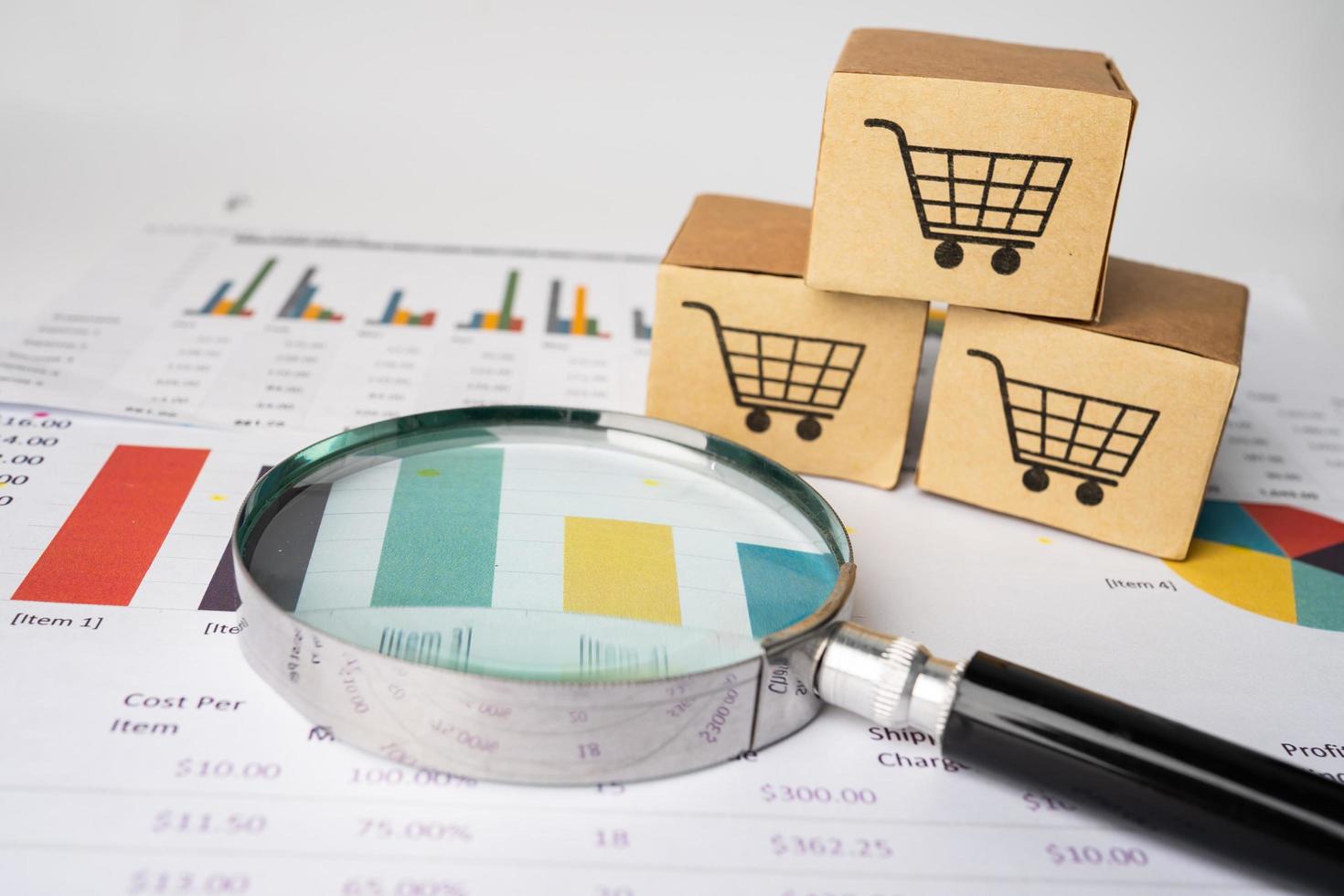 Shopping cart logo on graph background. Banking Account, Investment Analytic research data economy, trading, Business import export online concept. photo