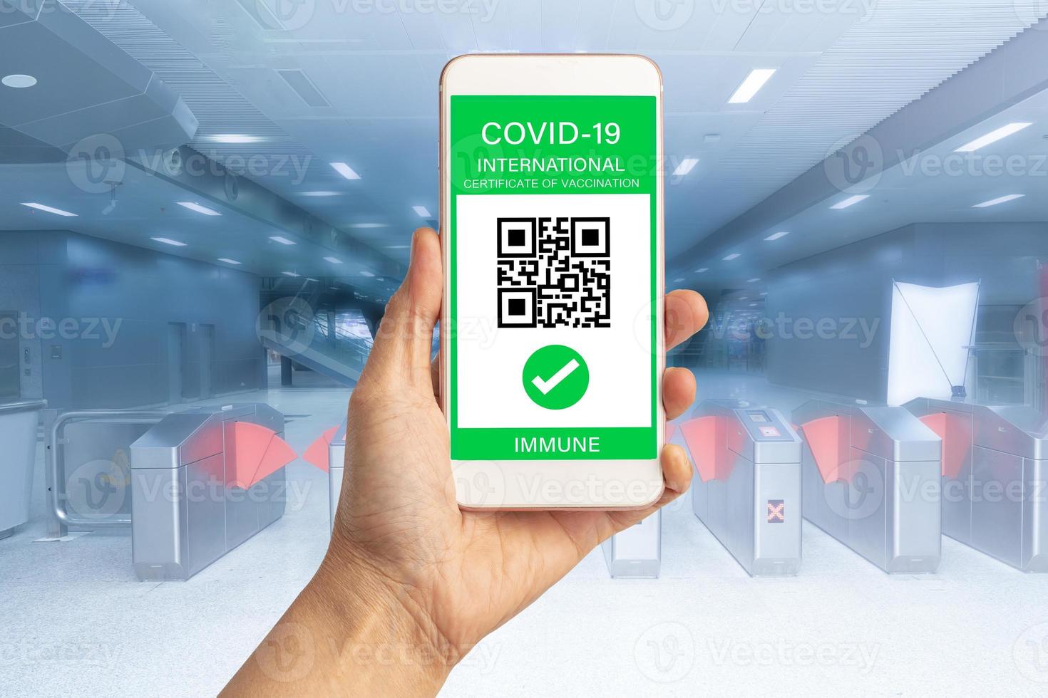 Digital health covid-19 passport showing screen QR code international certificate of vaccination for working, travel and transportation. photo