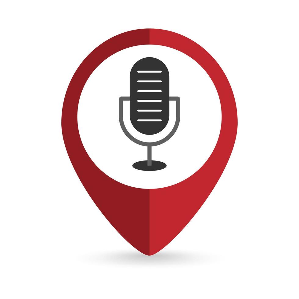 Red pin location with music microphone inside. Vector illustration.