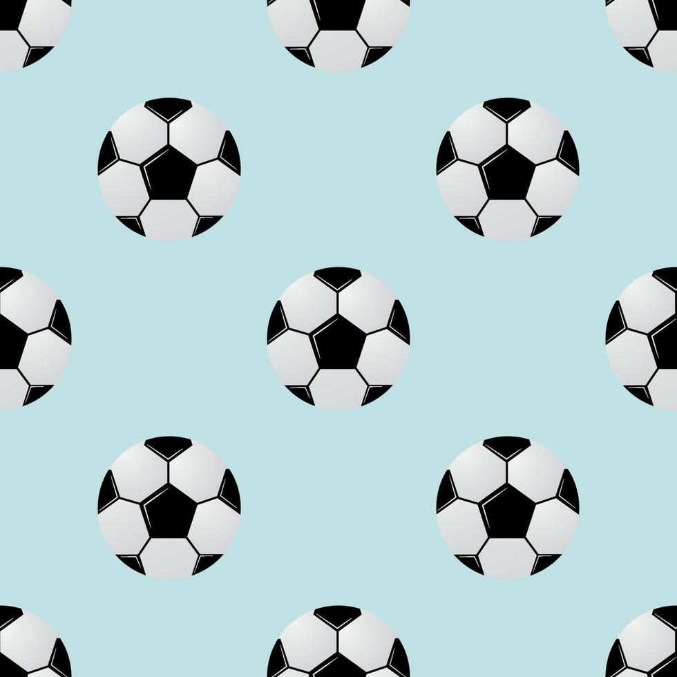 Black and white soccer balls on light blue background. Football seamless pattern. Cartoon sport vector illustration.