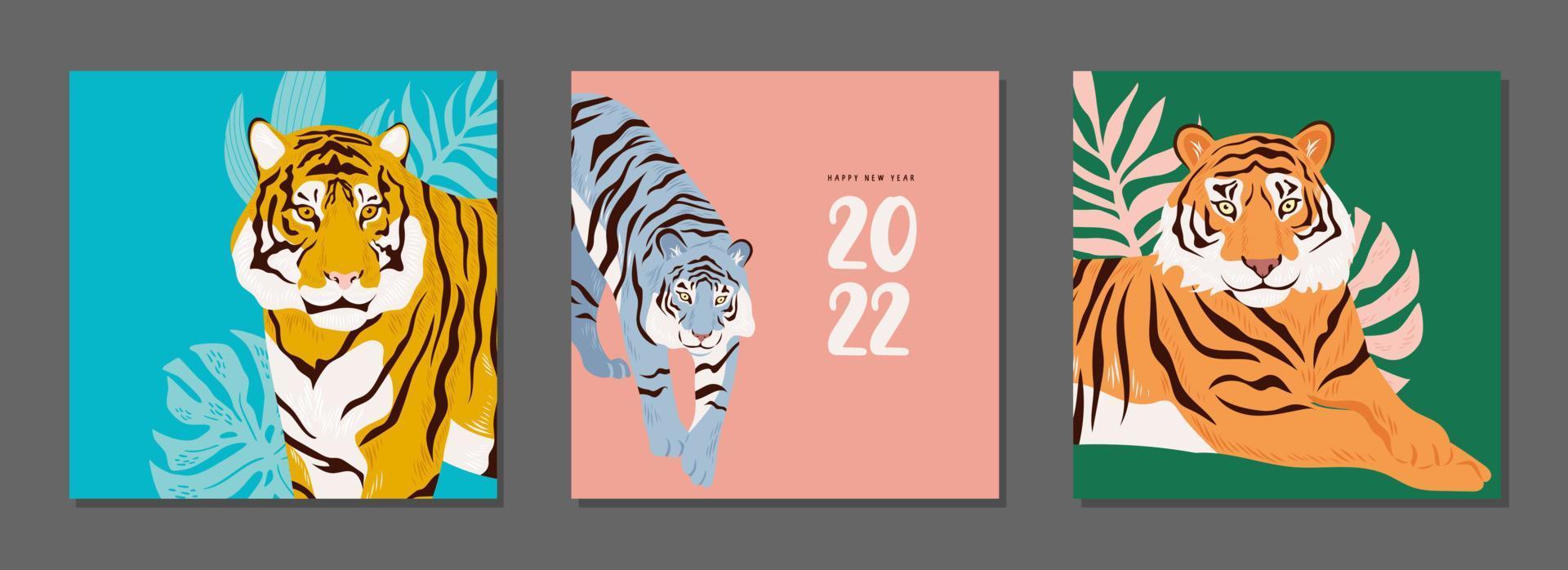 Chinese New Year. Tigers set of modern greeting card. Symbol of 2022 vector