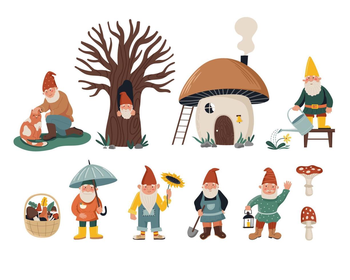 conjunto de pequeños gnomos. personaje enano con gato, lata de agua, pala, girasol. linda casa de hongos vector