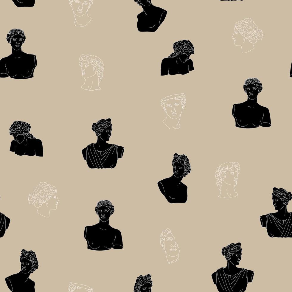 Seamless pattern with ancient Greek sculptures and characters. Greece antique marble statues illustration for fabric, textile, wallpaper, background, wrapping paper vector