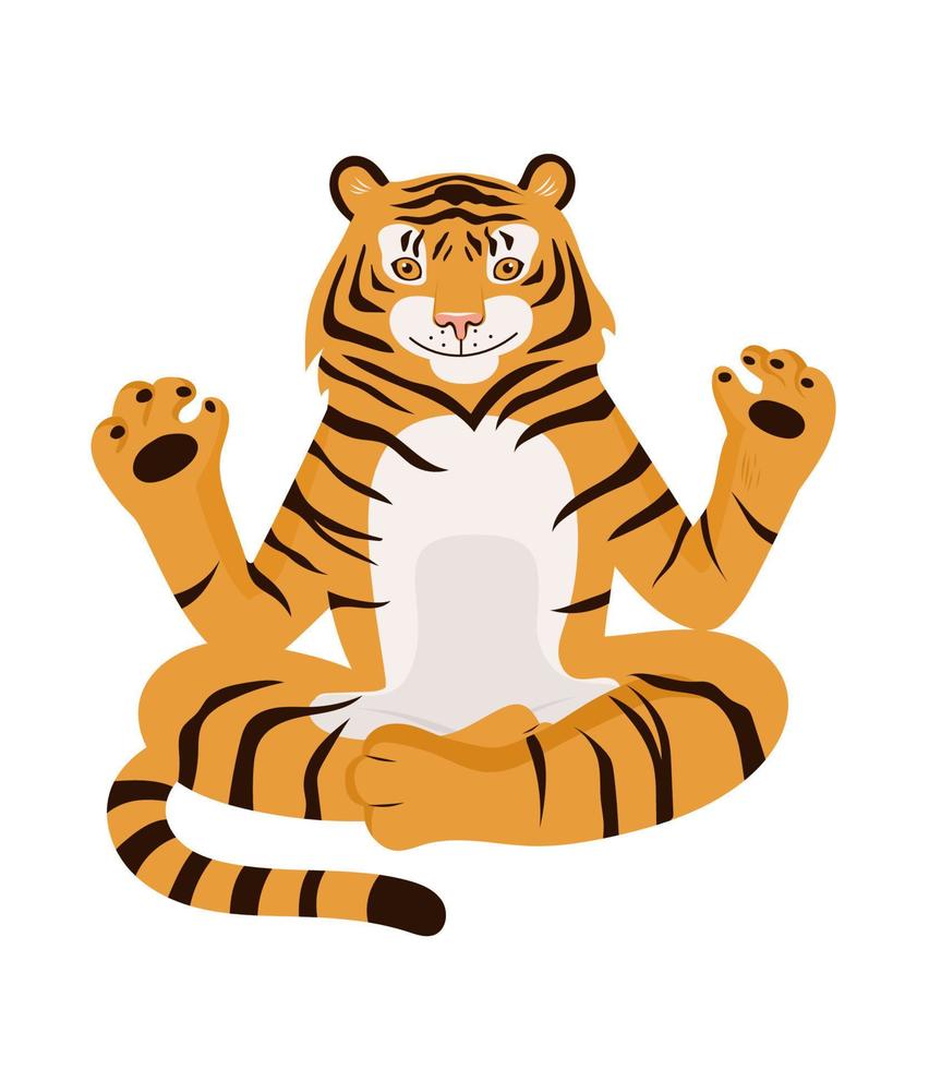 Cute cartoon tiger sitting in lotus pose. Chinese Symbol of new year 2022 vector