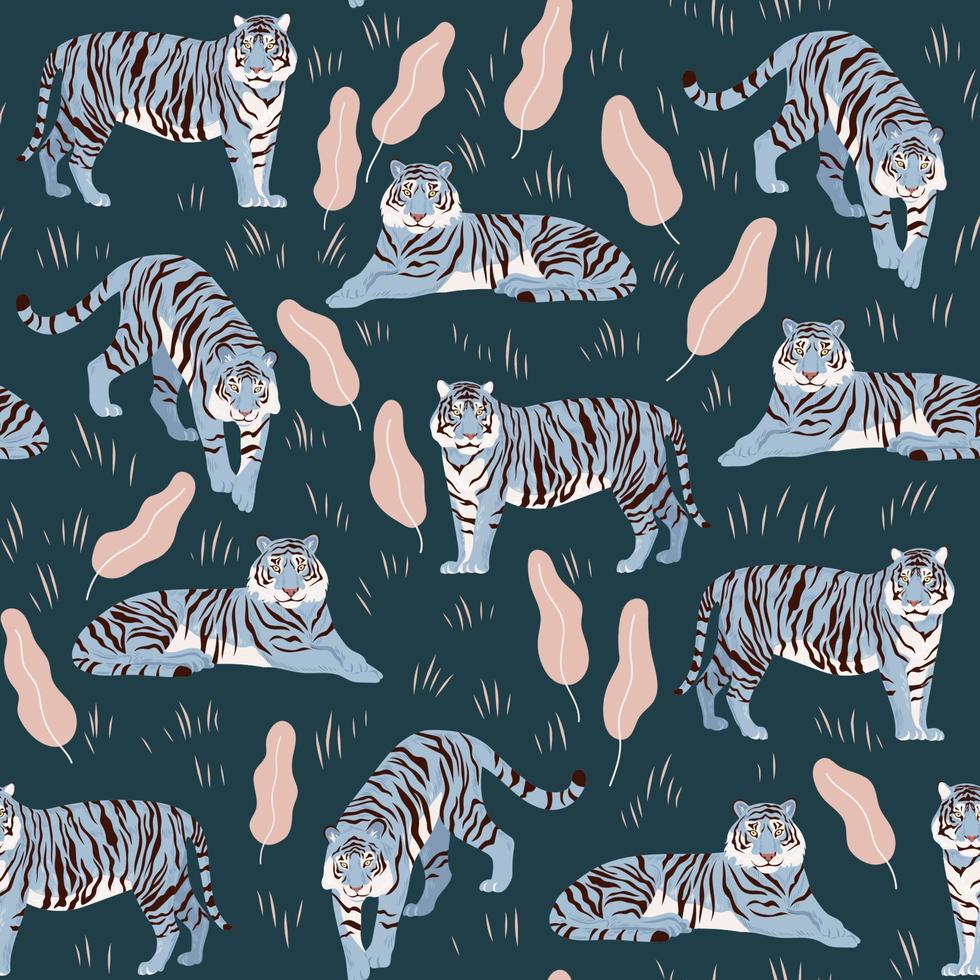 Seamless pattern with tigers. Stylish illustration. Chinese blue aquatic new year symbol. vector