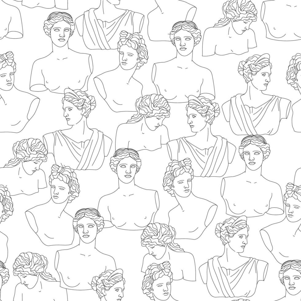 Seamless pattern with ancient Greek sculptures and characters. Greece antique marble statues illustration for fabric, textile, wallpaper, background, wrapping paper vector