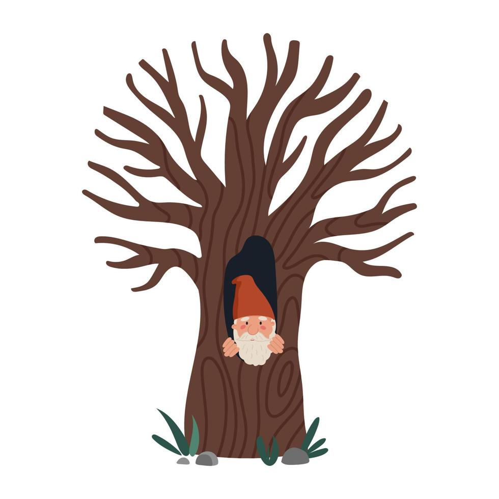 Garden gnome or dwarf in a hollow tree vector