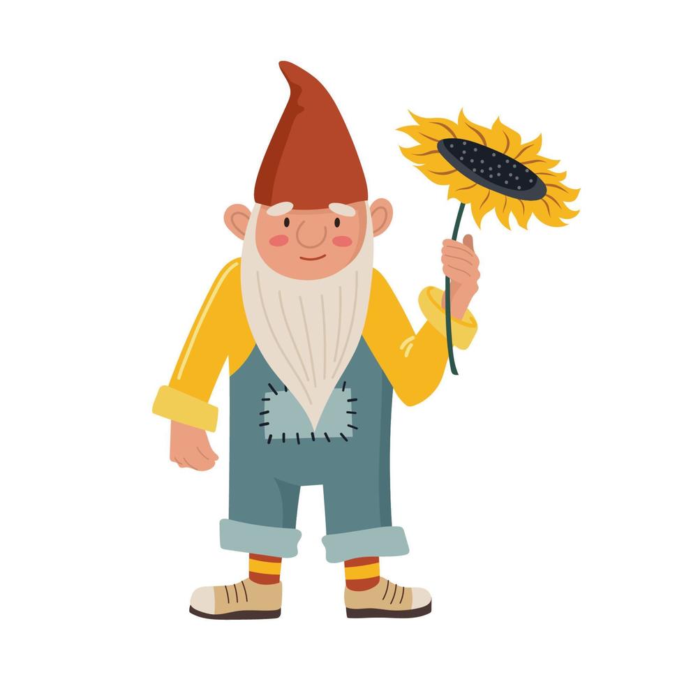 Garden gnome or dwarf with a sunflower vector