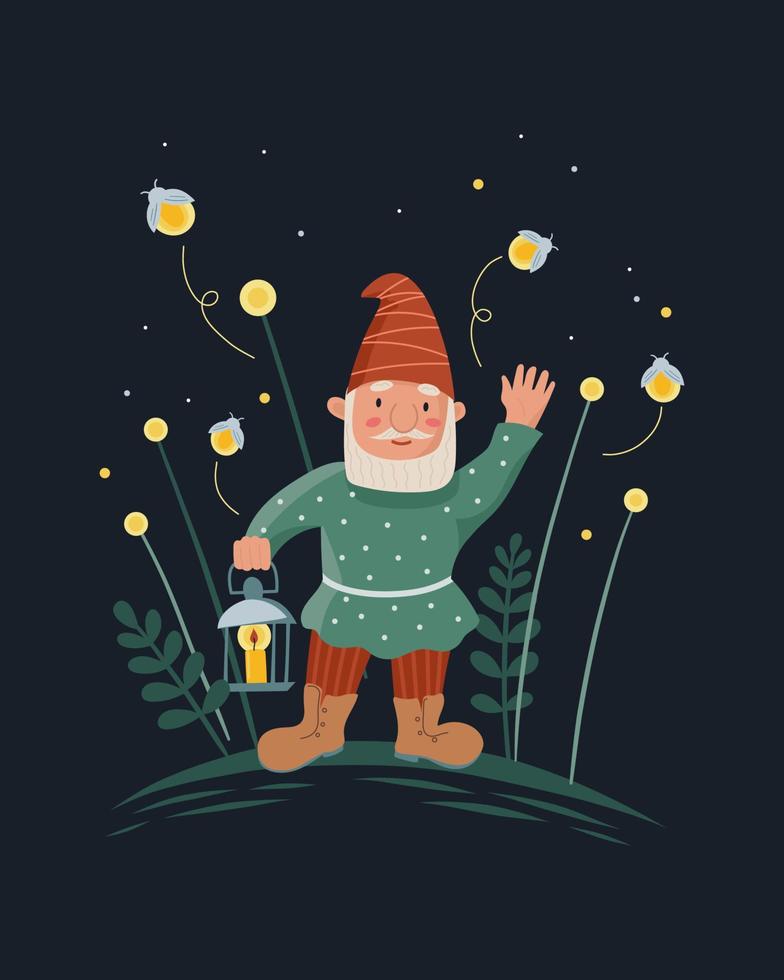 Little gnome or dwarf with a flashlight, lantern and fireflies. Cute children's illustrations vector